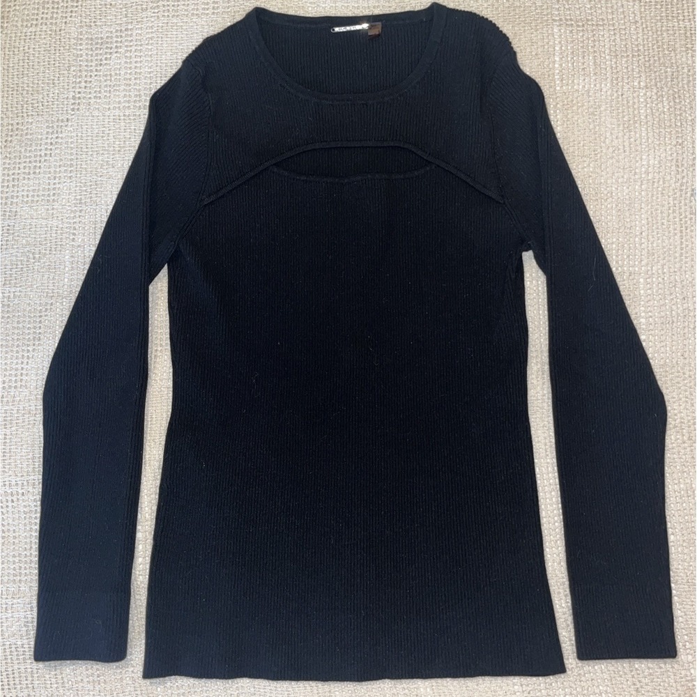 ELIE TAHARI Midnight Black Ribbed Cut Out Long Sleeve Top Size‎ L